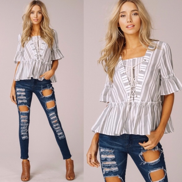 TRACEE Lace up Top - Grey    - Picture 3 of 3